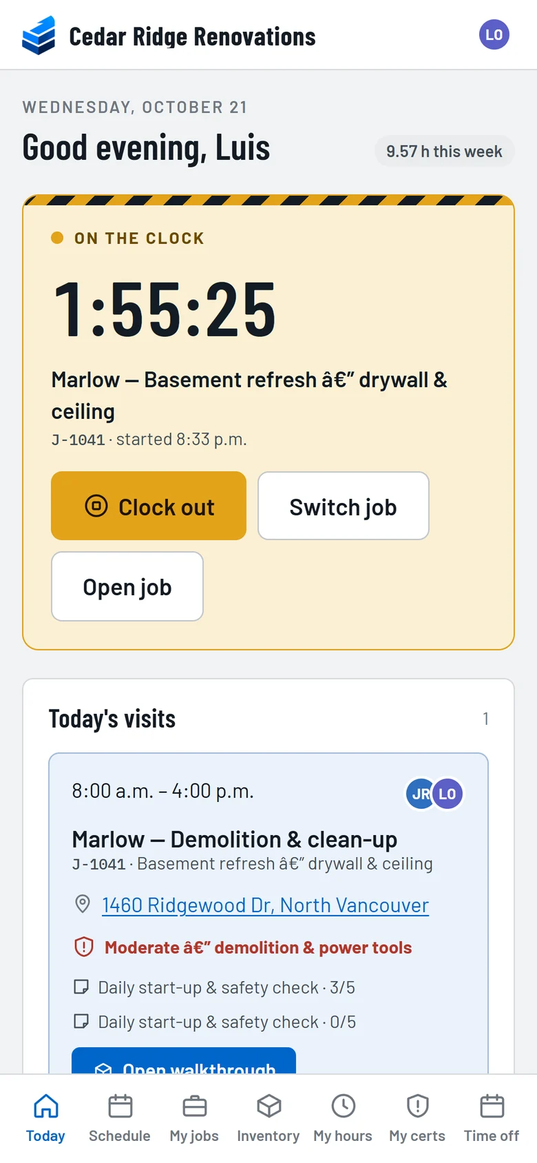 A crew member's phone: on the clock, today's visit and the site's safety notes