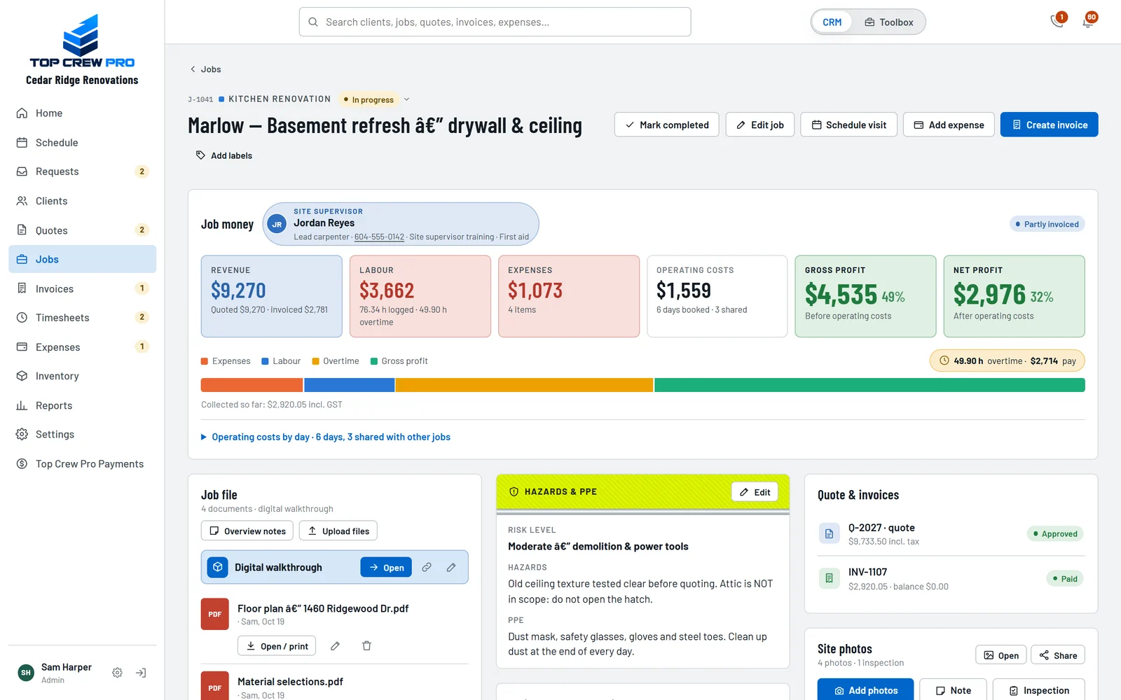 A job page showing revenue, labour, expenses and net profit
