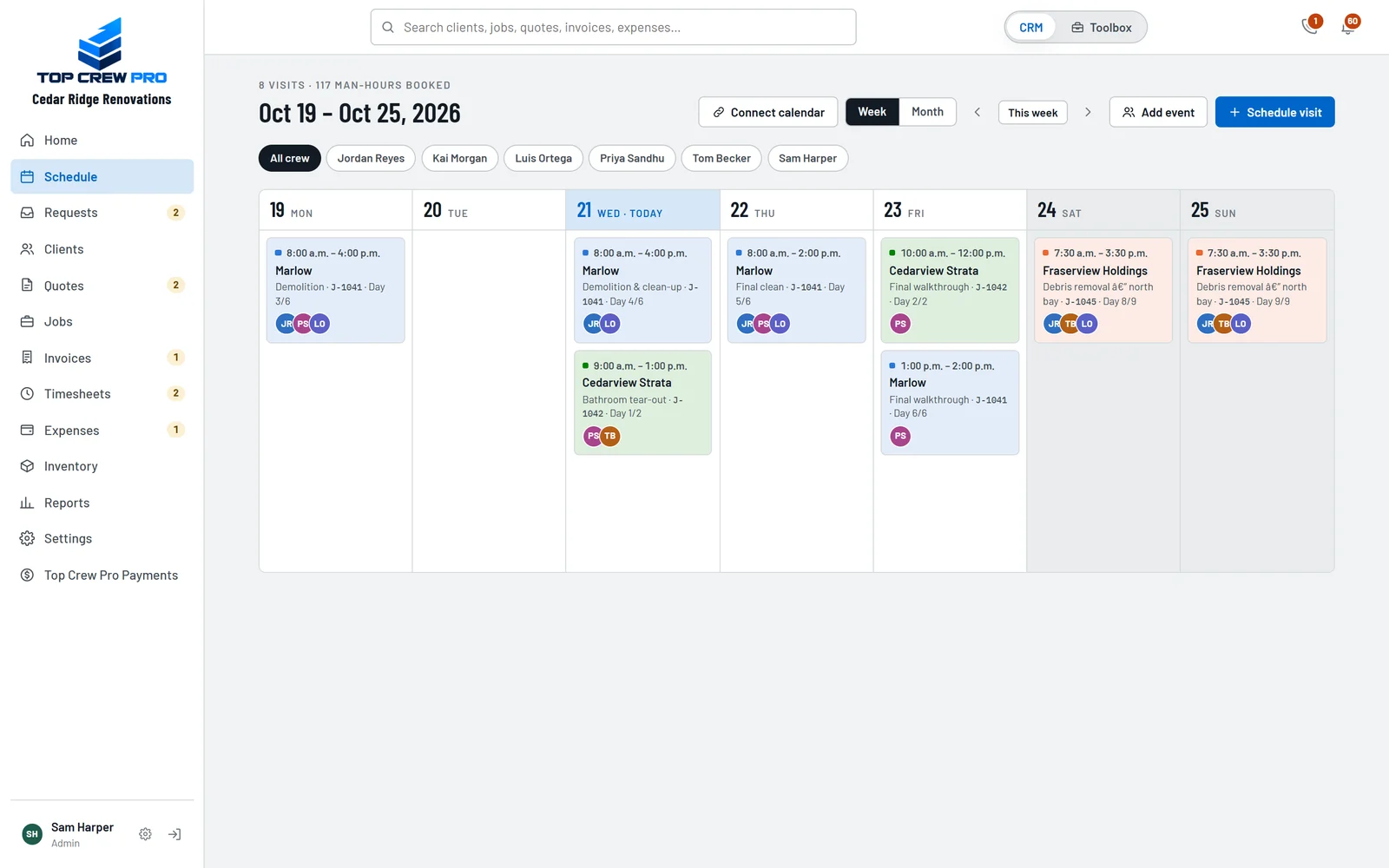 The week view of the schedule with each crew's visits